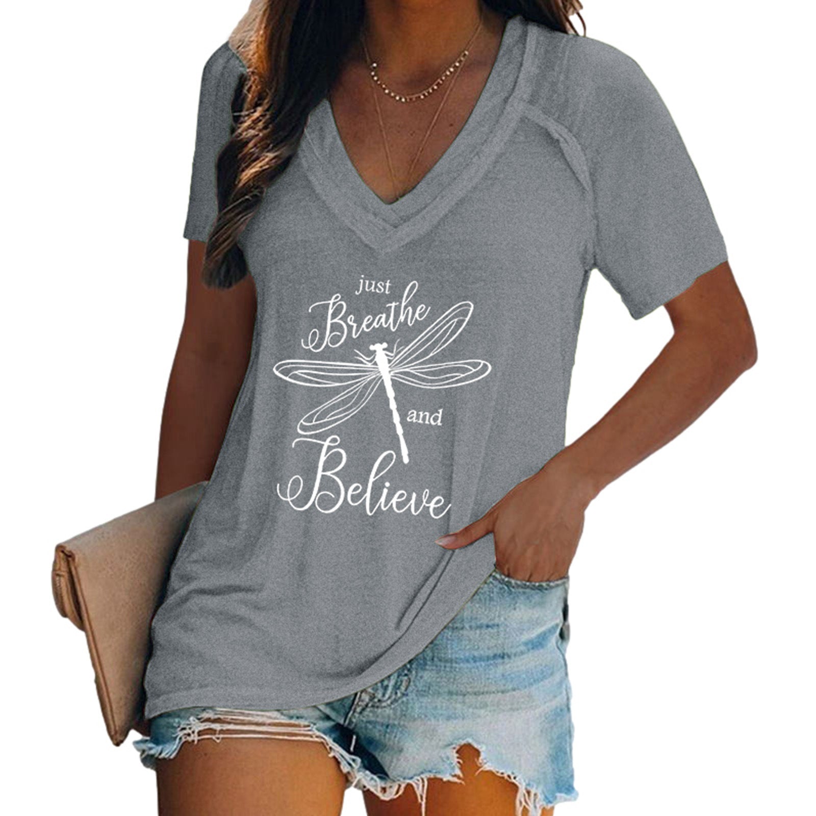 Women's Summer V-neck Short-sleeved Letter Dragonfly Printed Blouses