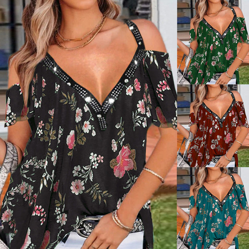 Women's Summer Temperament Commute V-neck Printed Off-the-shoulder Blouses