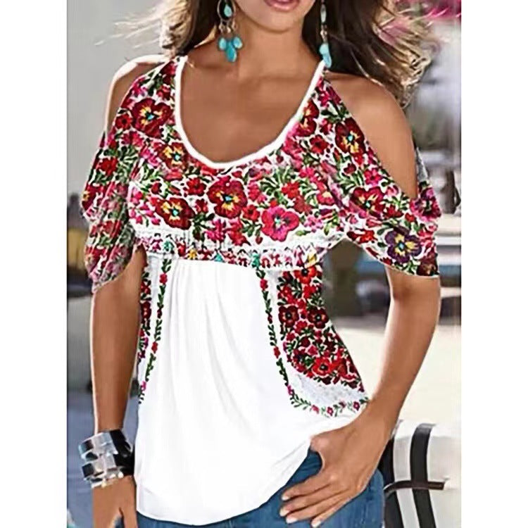 Women's Summer Loose V-neck Pleating Printed Off-shoulder Sleeve Blouses