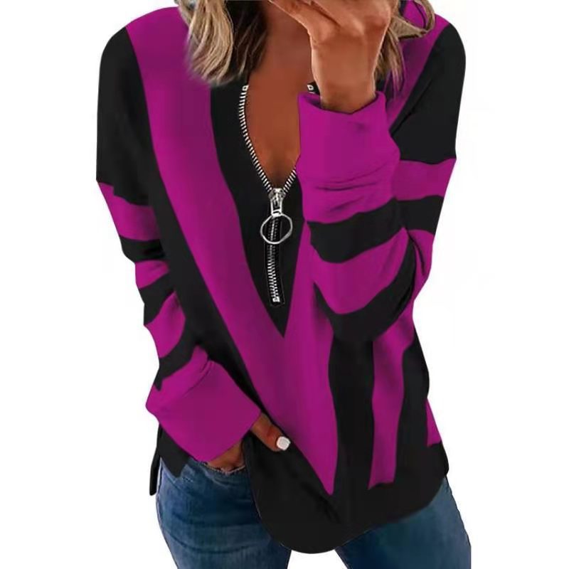 Women's V-neck Zipper Personalized Printed Long-sleeved Blouses