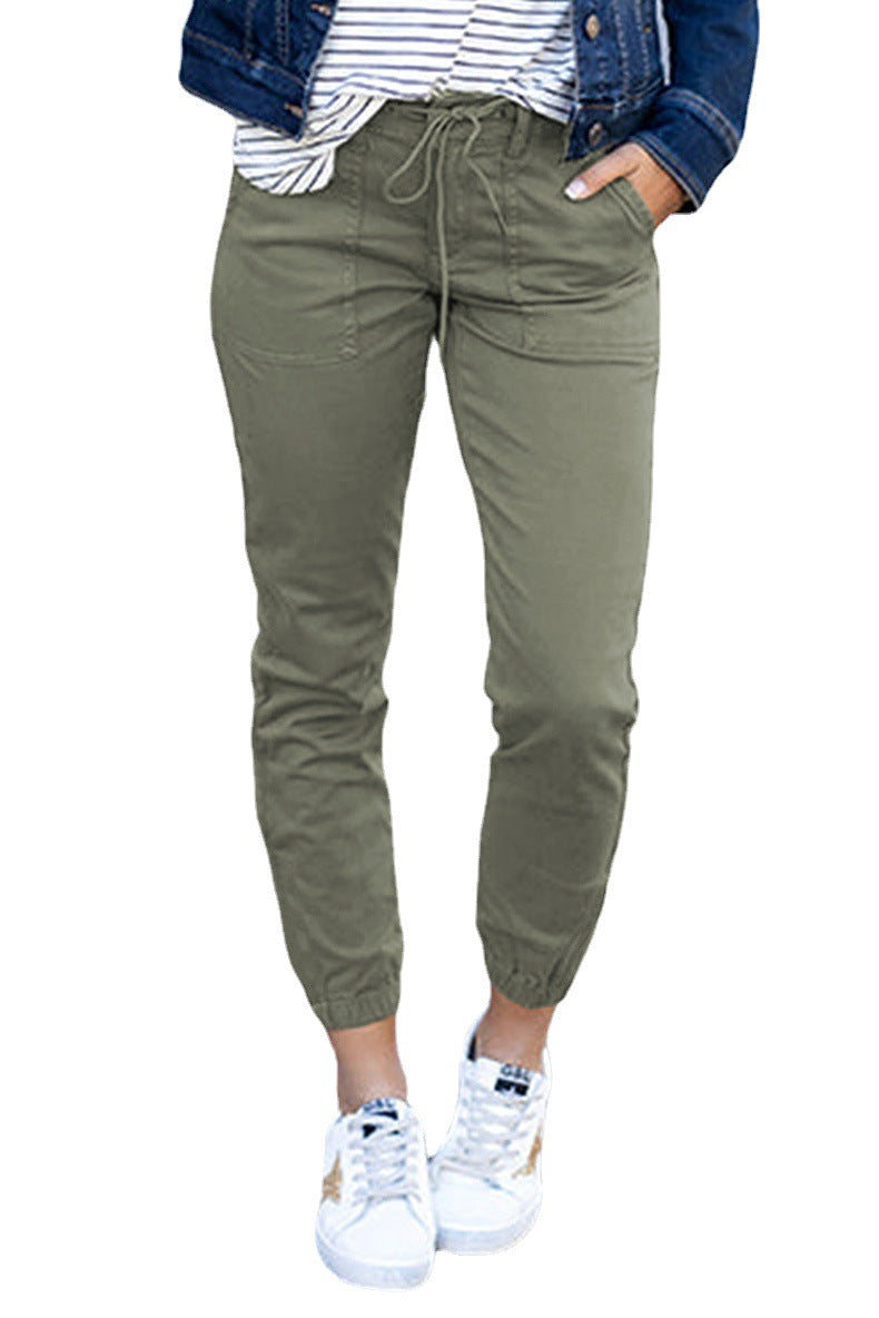 Women's Pocket Cropped Spring Pure Color Tied Pants