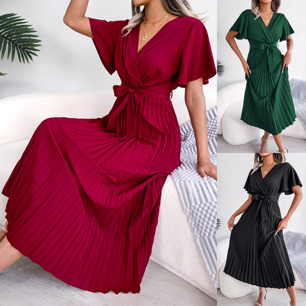 Women's Elegant Cross V-neck Swing Pleated Maxi Dresses