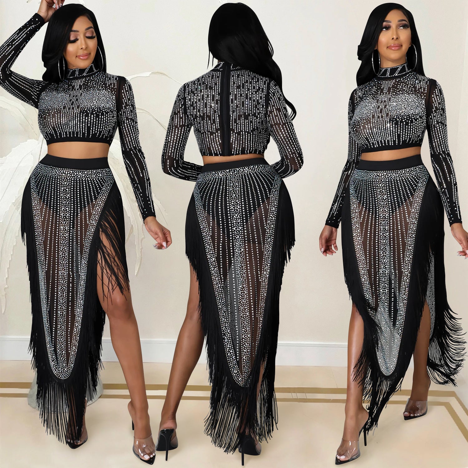 Rhinestone Mesh Long Sleeve Split Two-piece Suits