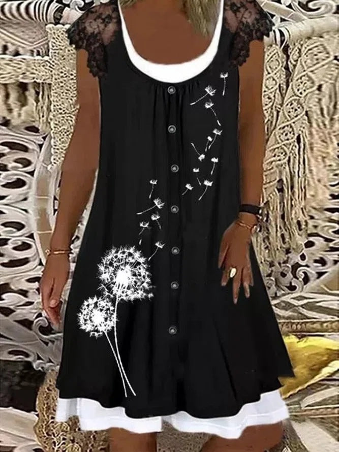 Black Loose Waist Printed Street Hipster Midi Dress Dresses