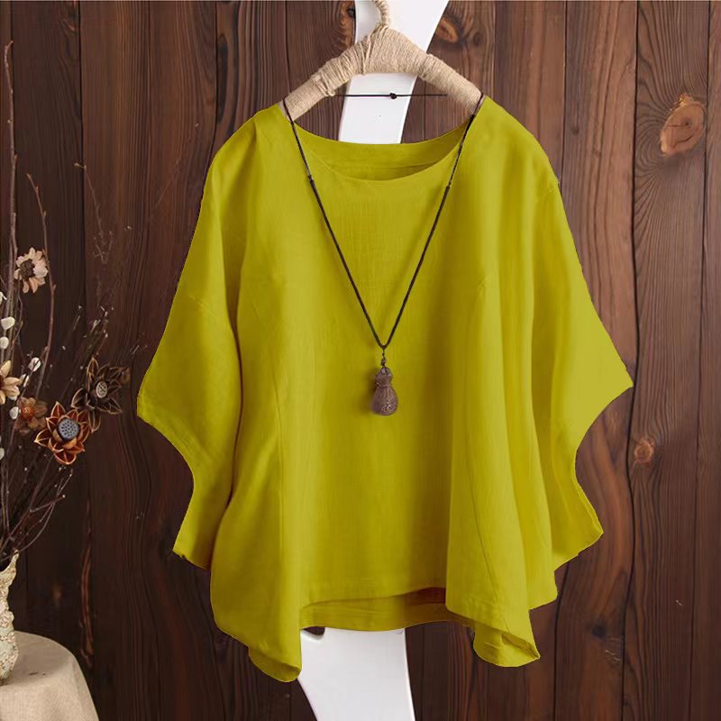 Women's Short-sleeved Loose Solid Color Batwing Sleeve Summer Round Blouses