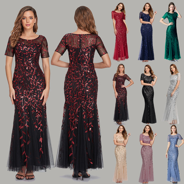 Hôte de banquet pour femmes Slim-fit Mesh Sequins Robes en queue de poisson