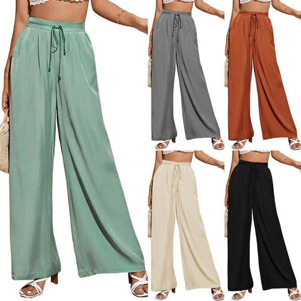 Women's Summer High Waist Casual Pure Color Elastic Lace-up Loose Pants