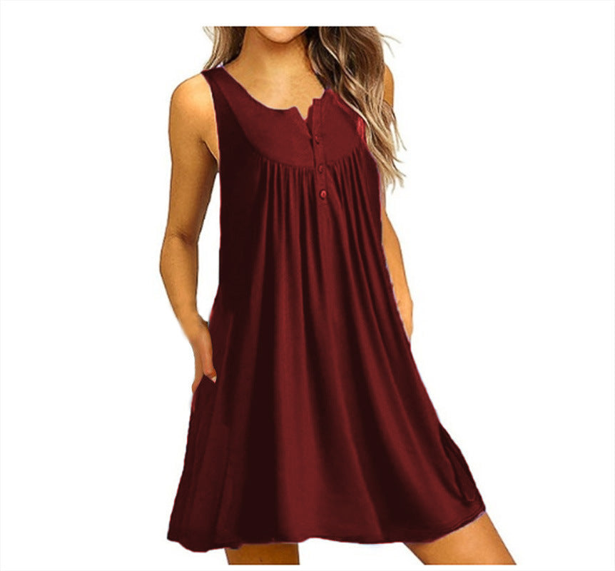 Women's Pajamas Button Pleated Casual Sleeveless Dress Dresses