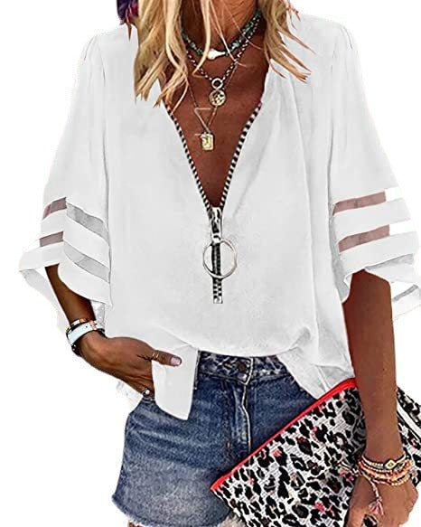Women's Zipper Half Bell Sleeve Mesh Stitching Loose Casual Blouses