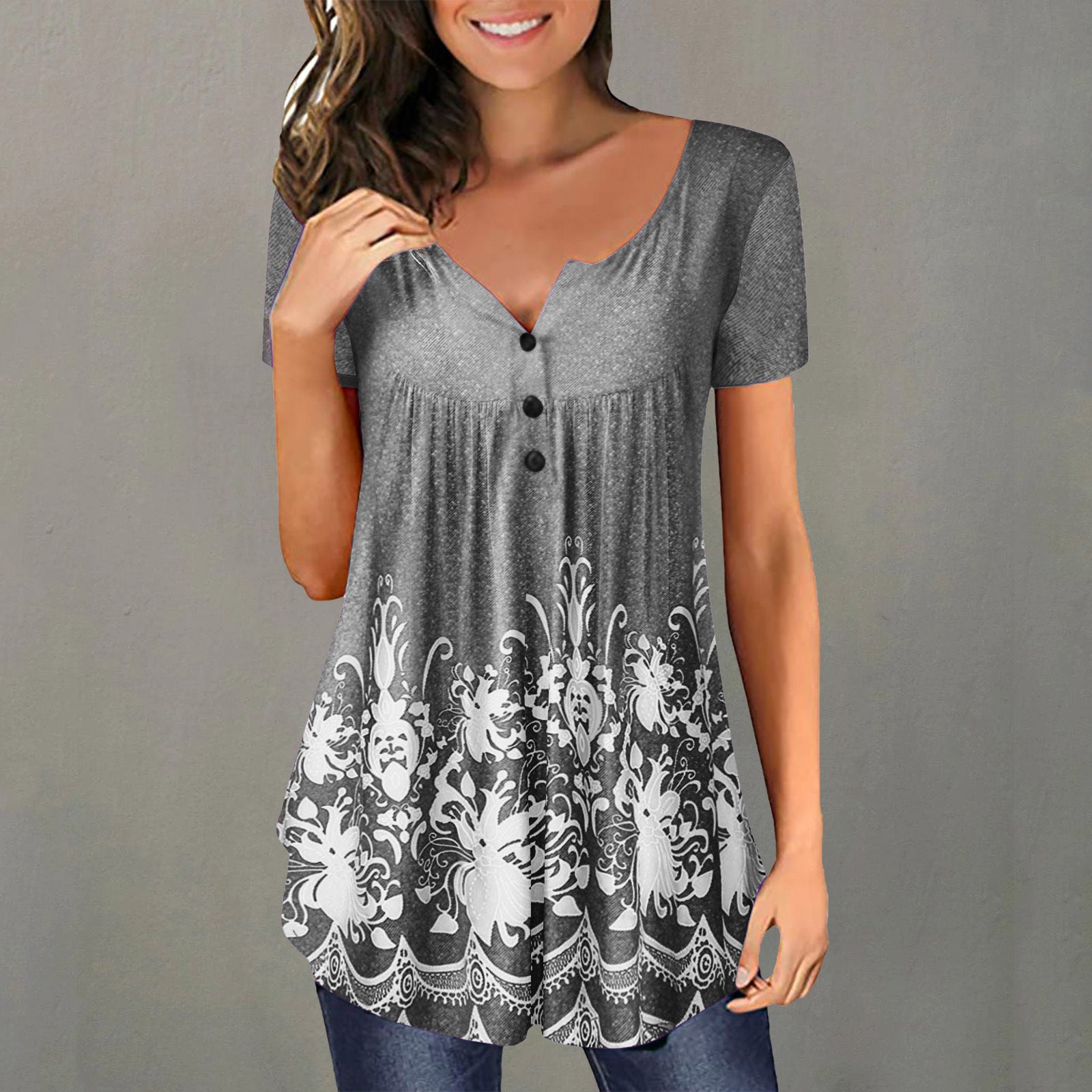 Women's Sleeve Printed Pleating Button Loose V-neck Blouses