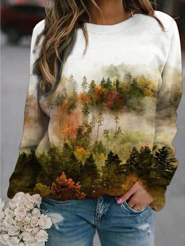 Langärmlige Pullover mit Landschaftsblumen- und Blumenmuster für Damen