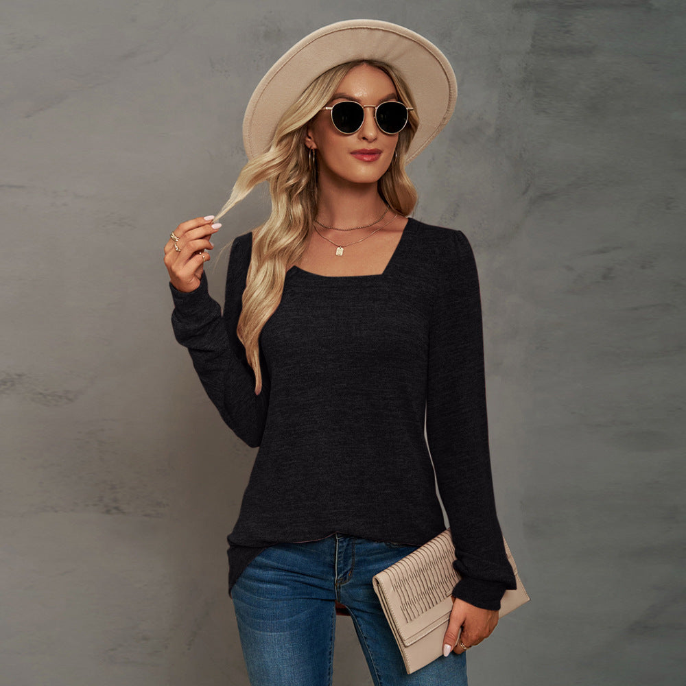 Color U-neck Pleated Long Sleeve Casual Blouses