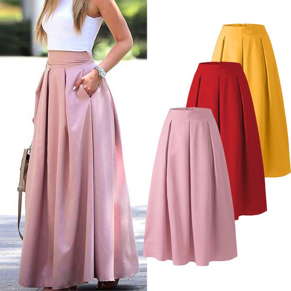 Casual Solid High Waist Pleated Long Skirts