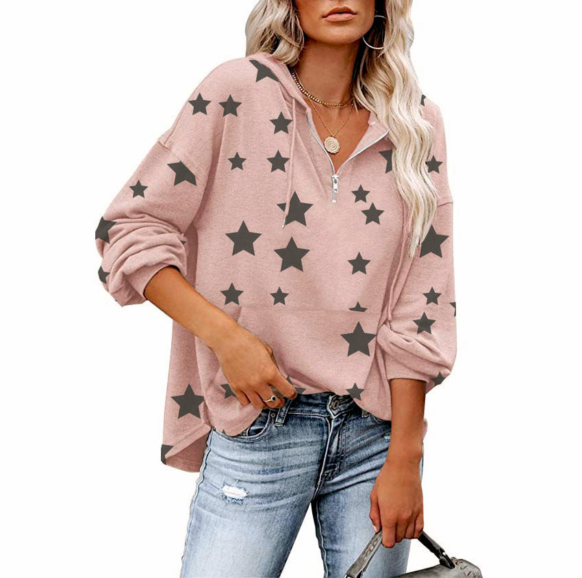 Women's Hooded With Pocket Five-pointed Star Printed Tops