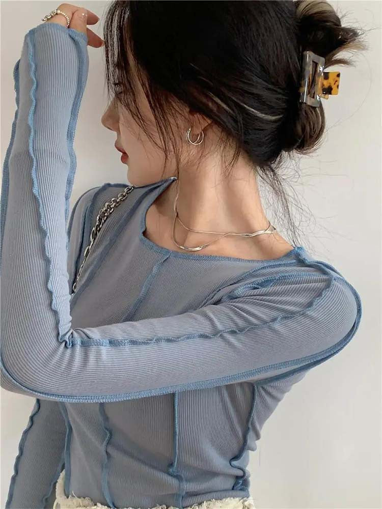 Women's Line Design Solid Color Bottoming T-shirt Versatile Blouses