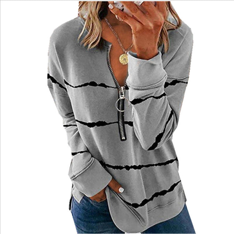 Women's Autumn Striped Zipper V-neck Long Sleeve Blouses