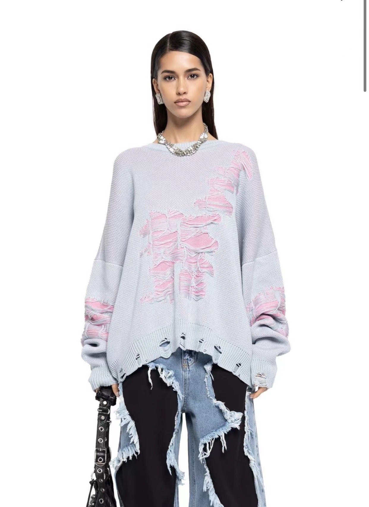 Women's Casual Loose Broken Three-color Pullover Long Sweaters