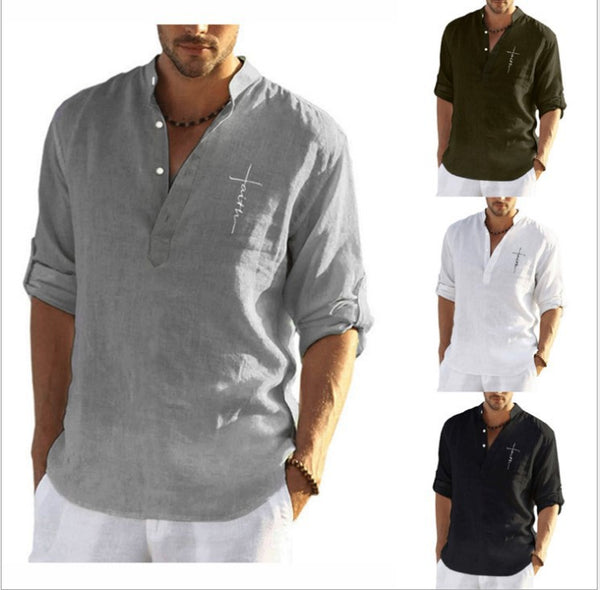 Men's Casual Cotton Linen Solid Color Long-sleeved Loose Blouses