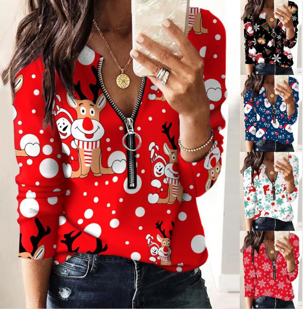 Women's Innovative Christmas Printed Long-sleeved T-shirt Blouses