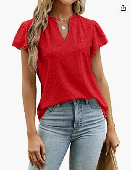 Women's Summer Double-layer Ruffled Hollow-out Long Sleeve Blouses