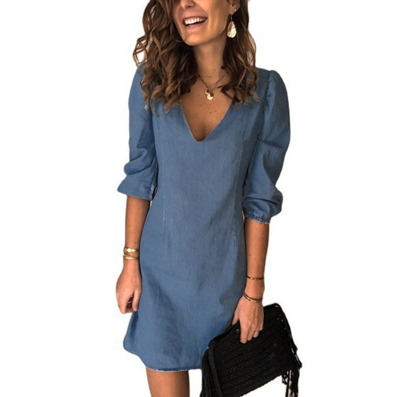 Women's Solid Color V-neck Half Sleeves Loose Dresses