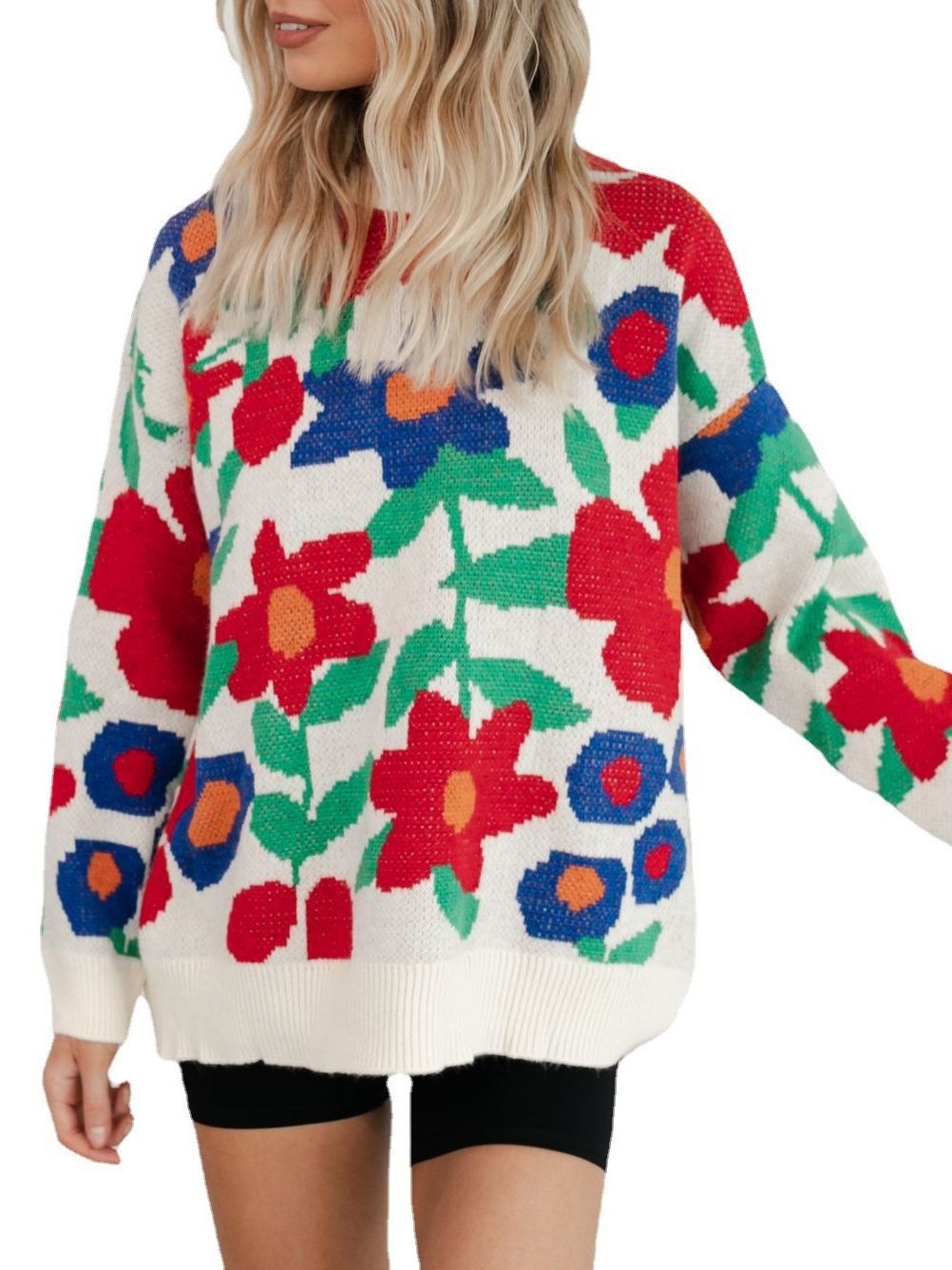 Women's Flower Embroidery Round Neck Loose Long Sleeves Sweaters