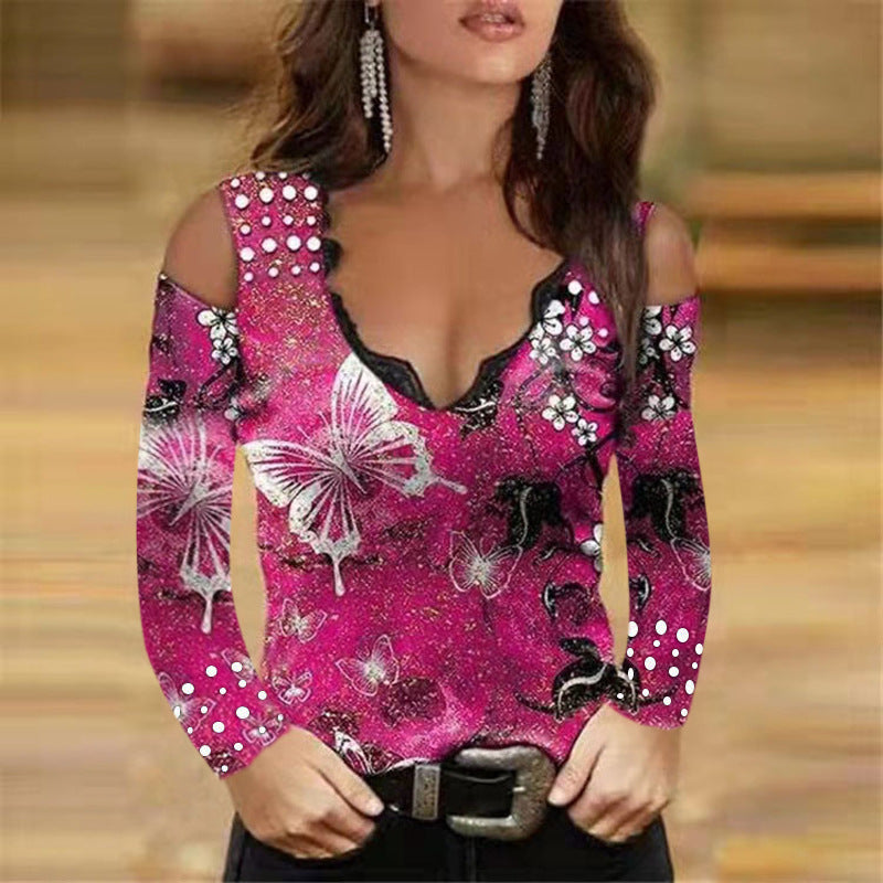 Long Sleeve Sexy Print V-neck Lace Off-the-shoulder Blouses