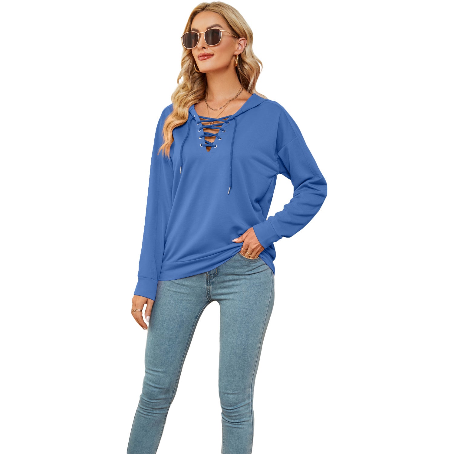 Women's Solid Color Hooded Neckline Tied Long Tops