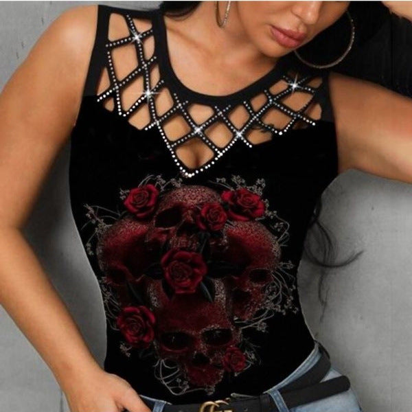 Women's Summer Hollow Out Stitching Rose Print Vests