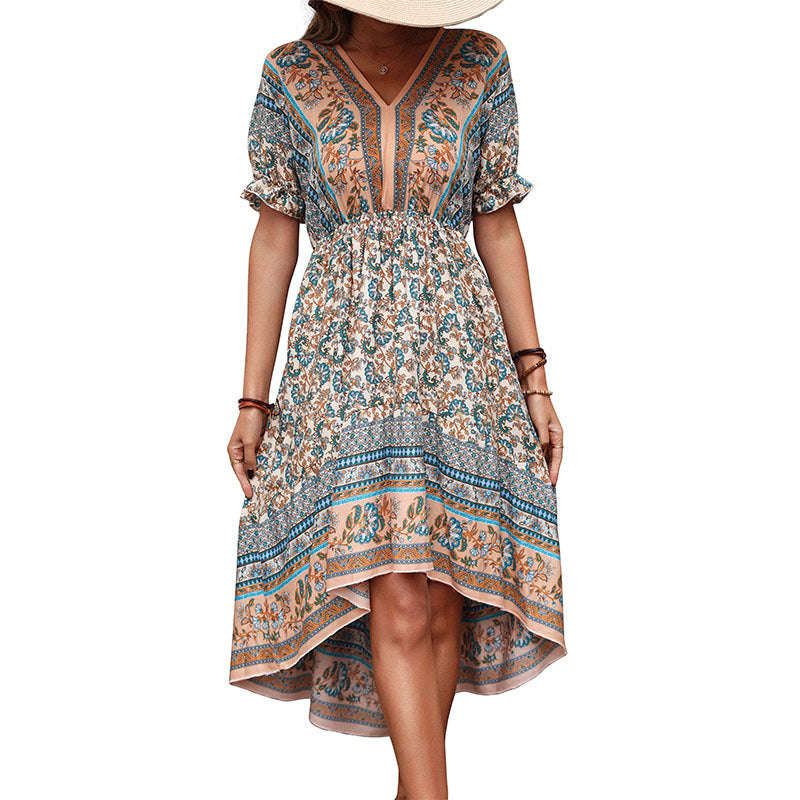 Summer Retro Mid-length Slim Print Irregular Dresses