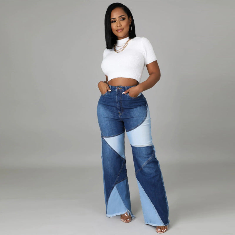 Women's Autumn Large Stitching Denim Trousers Jeans