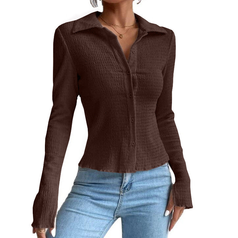 Women's Solid Color Stitching Sleeve Button Lapel Blouses