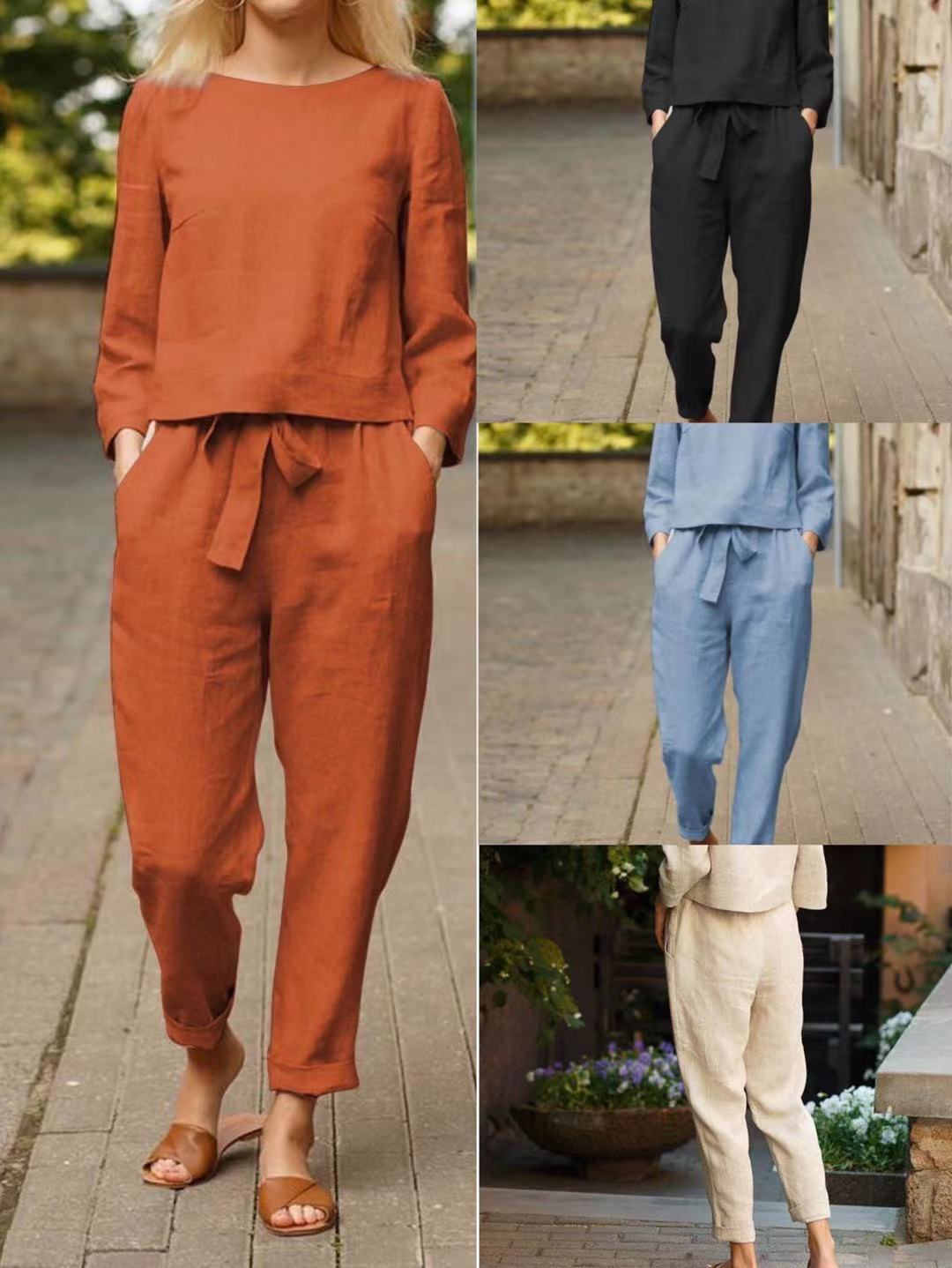 Women's Linen Solid Color Two-piece Simple Retro Suits