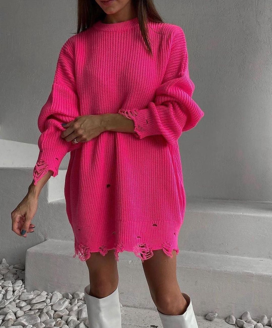 Knitted Round Neck Loose Hole Mid-length Sweaters