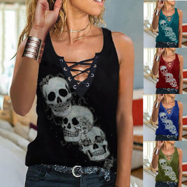 Women's Fashion Sexy Lace V-neck Sleeveless T-shirt Skull Vests