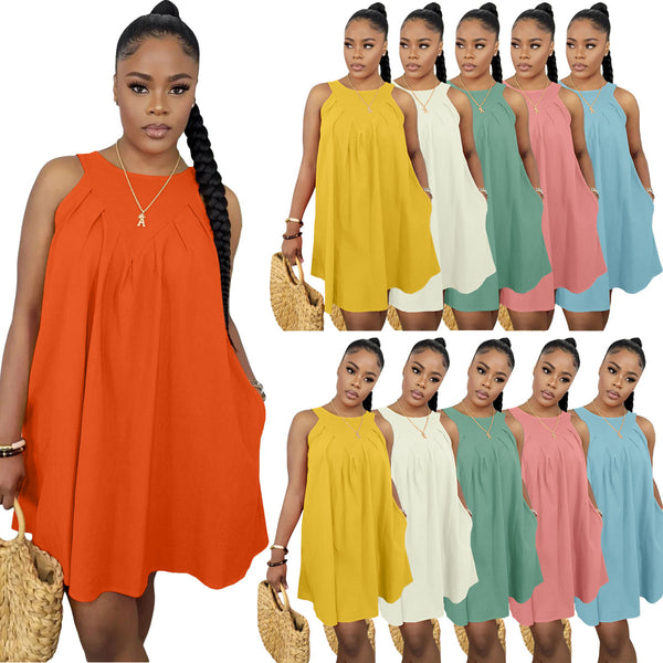 Summer Solid Color Sleeveless With Pocket Dresses