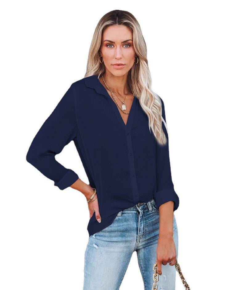 Women's Casual Loose Long Sleeve Button V-neck Blouses