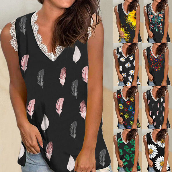 Damen-Oberteile mit Sommer-Pflanzenblumen-Print und V-Ausschnitt