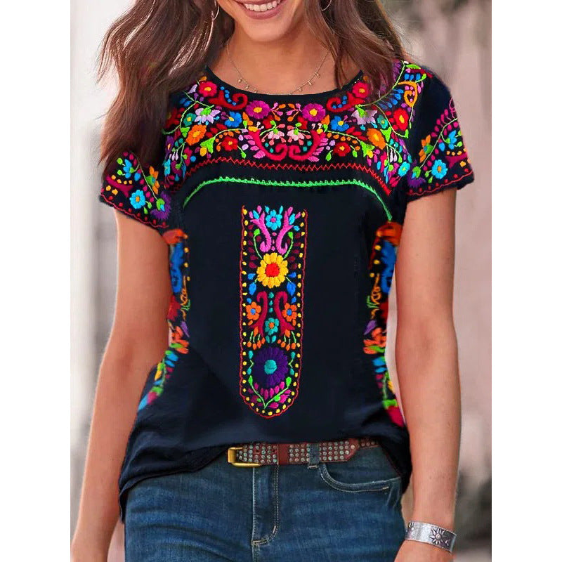 Women's Summer Bohemian Printed Round Neck Sleeve Blouses