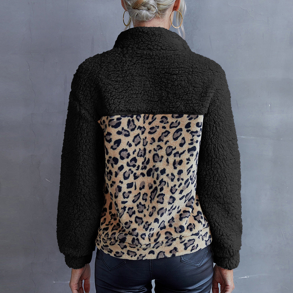 Women's Leopard Color Matching Casual Lamb Fur Sweaters