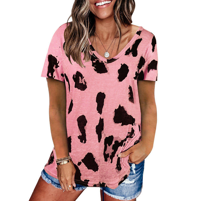 Women's Summer Leopard Print Loose Casual V-neck Sleeve Blouses