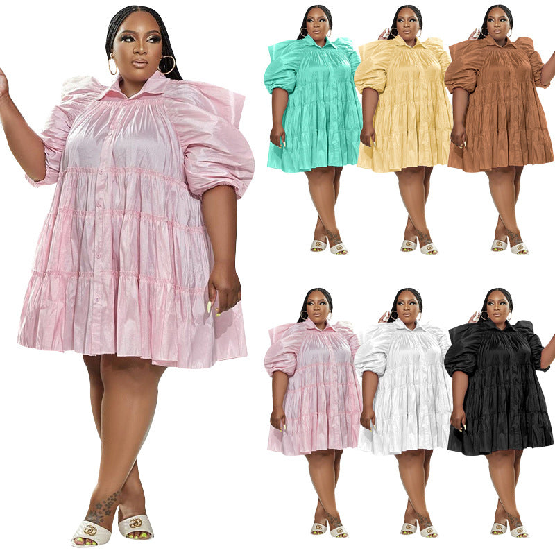 Women's Summer Lapel Pleated Mid-sleeve Fashionable Mid-size Dresses