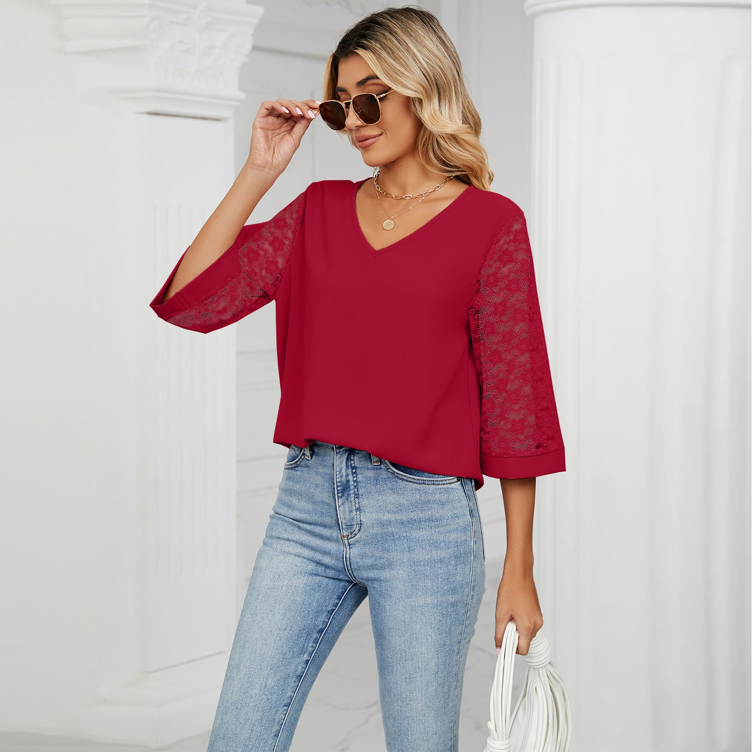 Women's Loose V-neck Cropped Bell Sleeve Patchwork Blouses