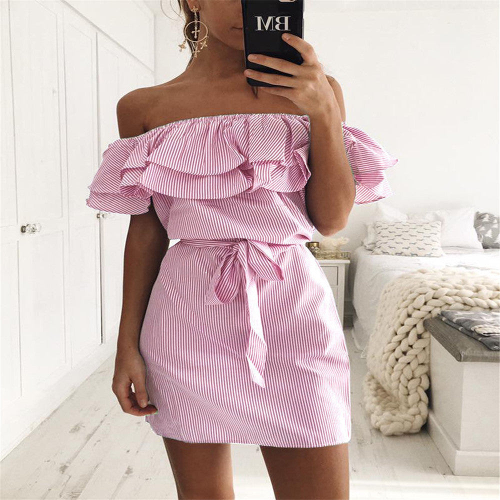 Women's Summer Ruffle Sleeve Striped Off-the-shoulder Dress Dresses