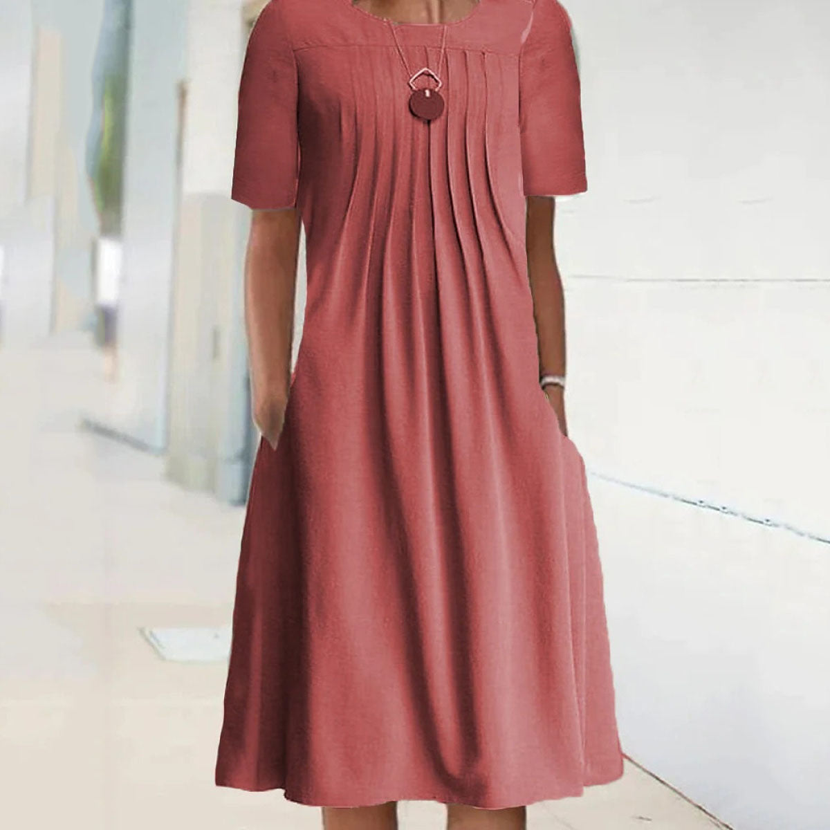 Women's Solid Color Round Neck Sleeve Mid-length Dress Dresses