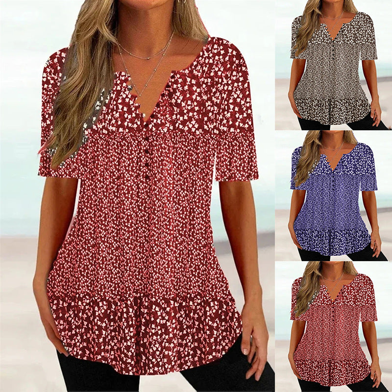 Women's Summer Loose V-neck Sleeve Button Printed Blouses