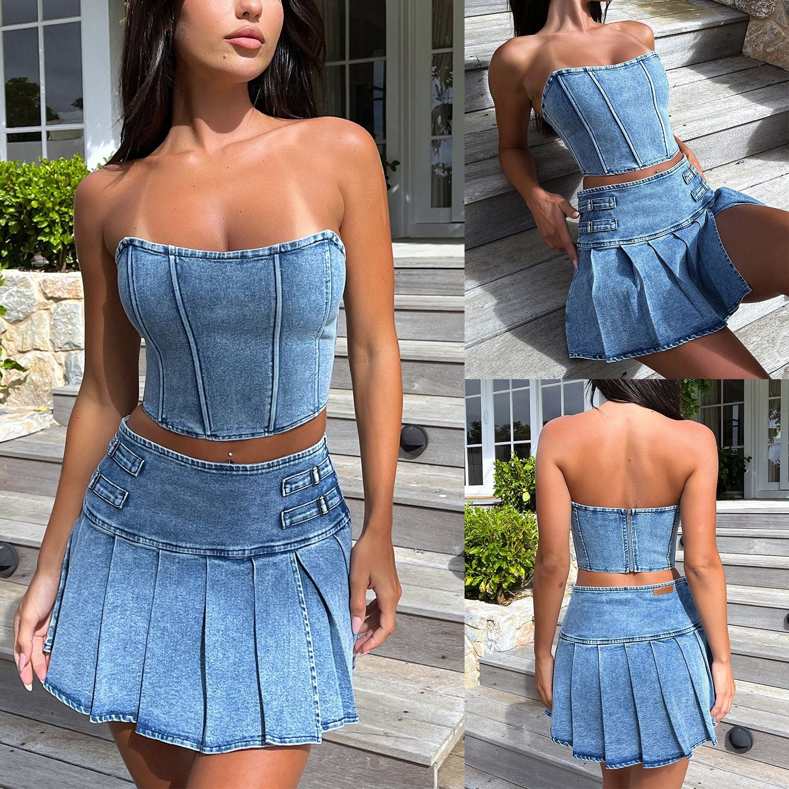 Summer Tube Denim Sleeveless Hot Sexy Bare Suits