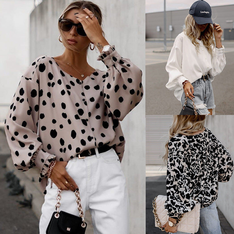 Autumn Loose Slimming Shirt Leopard Print Polka Blouses