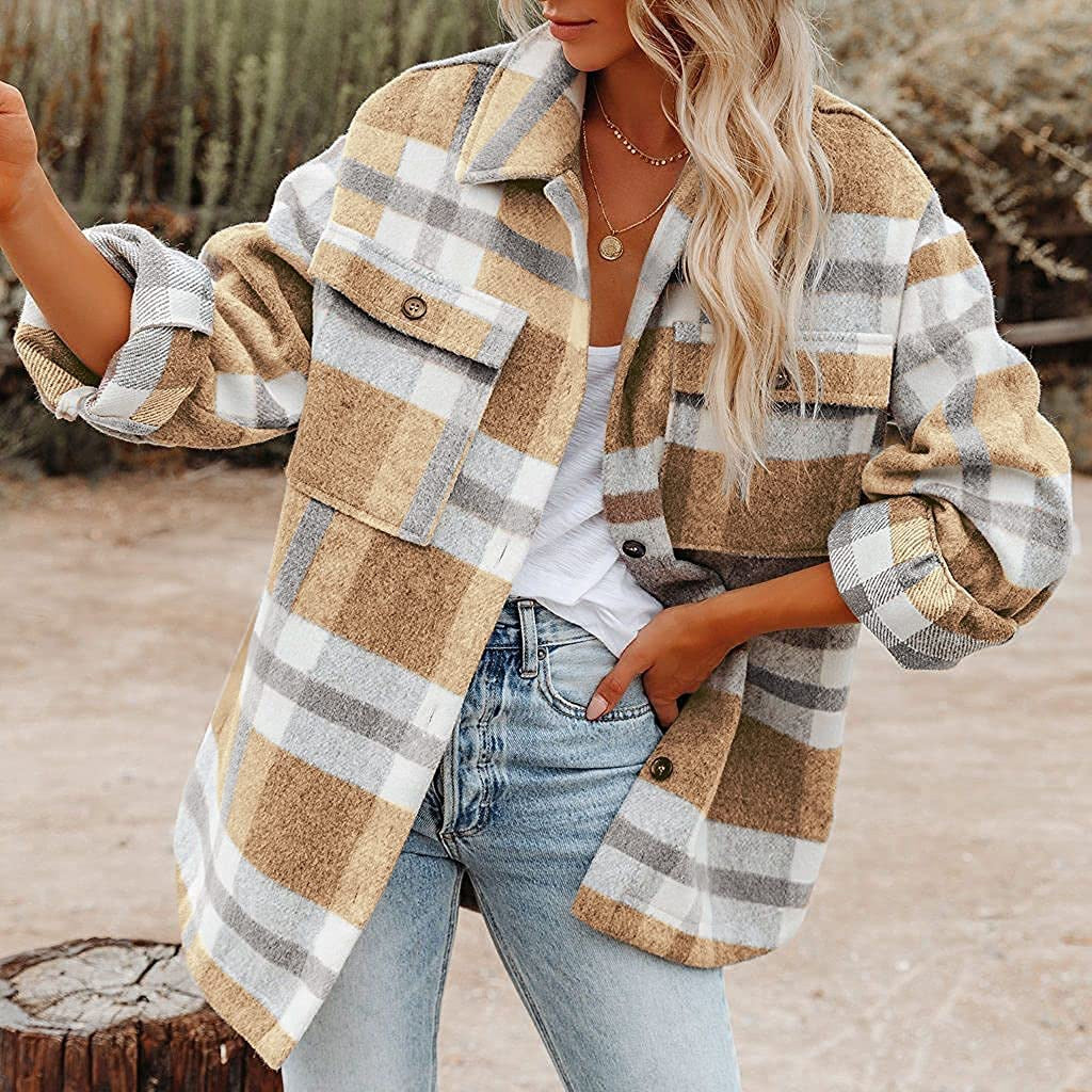 Women's Plaid Button Flannel Woolen Shirt Blouses