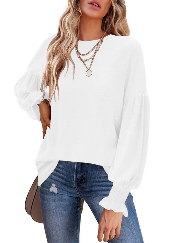 Women's Round Neck Pleated Lantern Sleeve Long Blouses